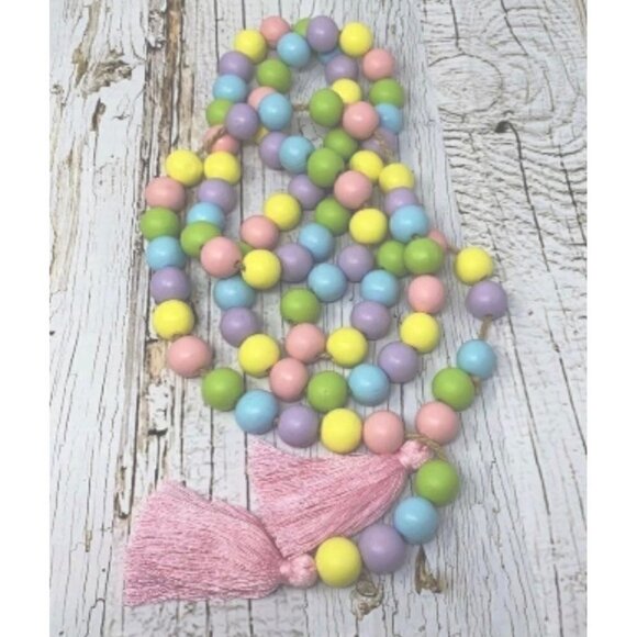Easter Spring Pastel Wood Wooden Bead String Garland Pink Purple Tassels 72” - Picture 2 of 5